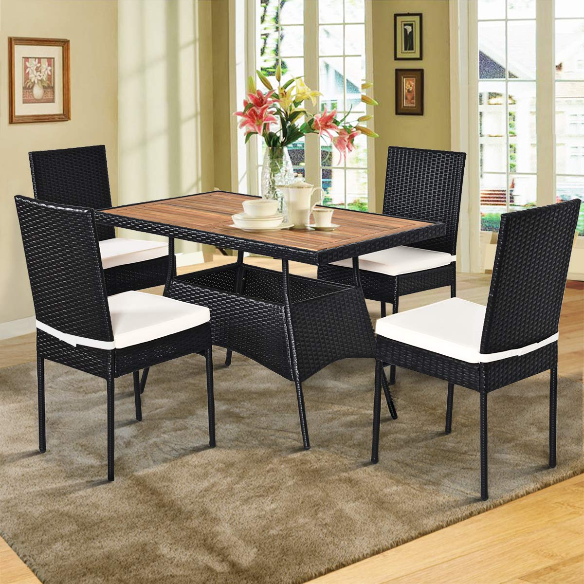 Tangkula 5 Piece Wicker Patio Dining Set with Padded Cushions