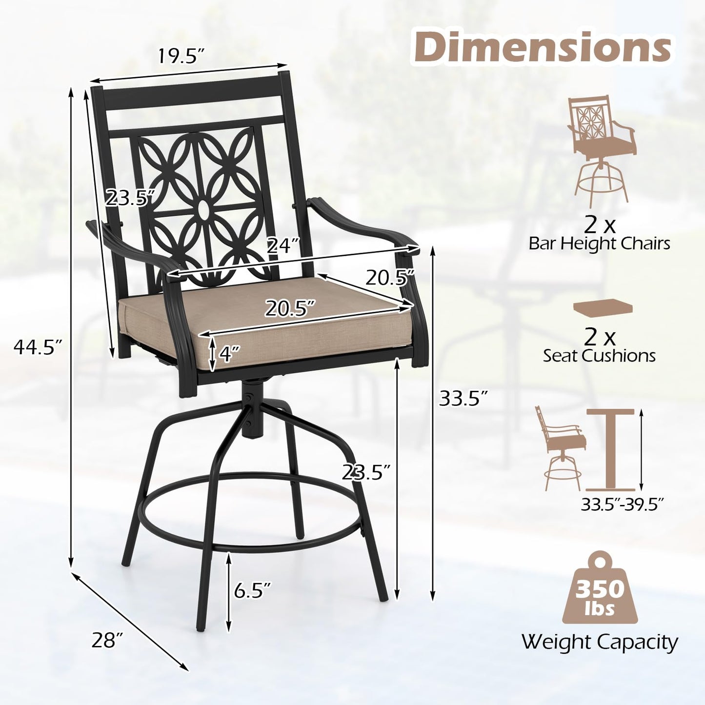 Tangkula Outdoor Swivel Bar Stools Set, Bar Height Patio Chairs with Seat Cushions