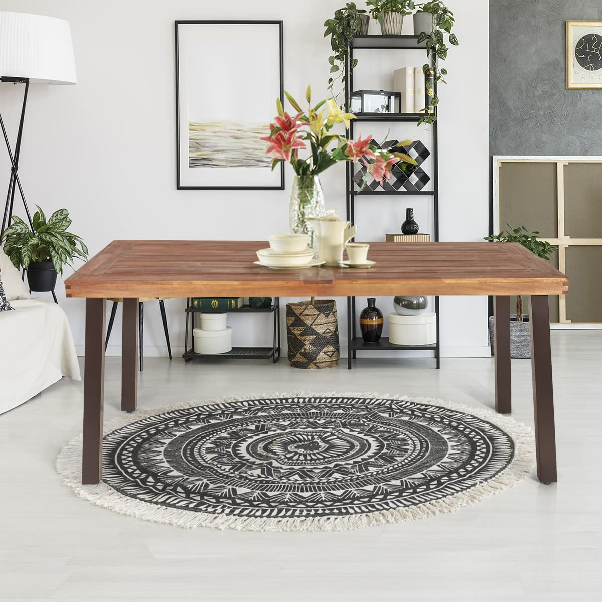 Tangkula Acacia Wood Outdoor Dining Table with Umbrella Hole