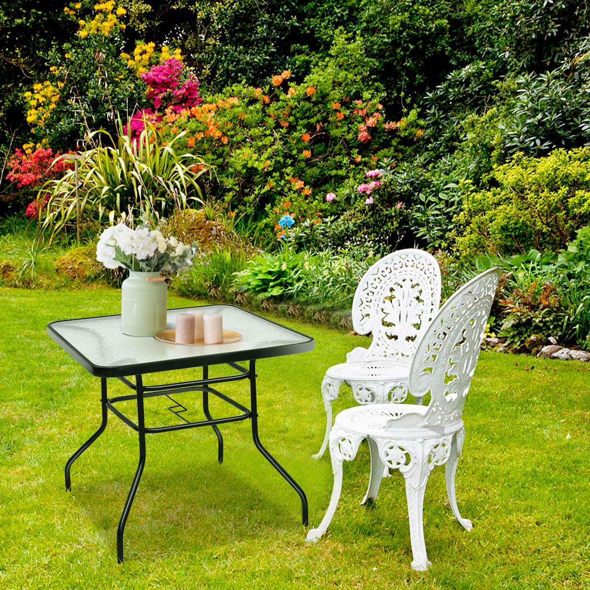 Outdoor Dining Table with 2 inches Umbrella Hole, 32 inches Tempered Glass Top Square Patio Table