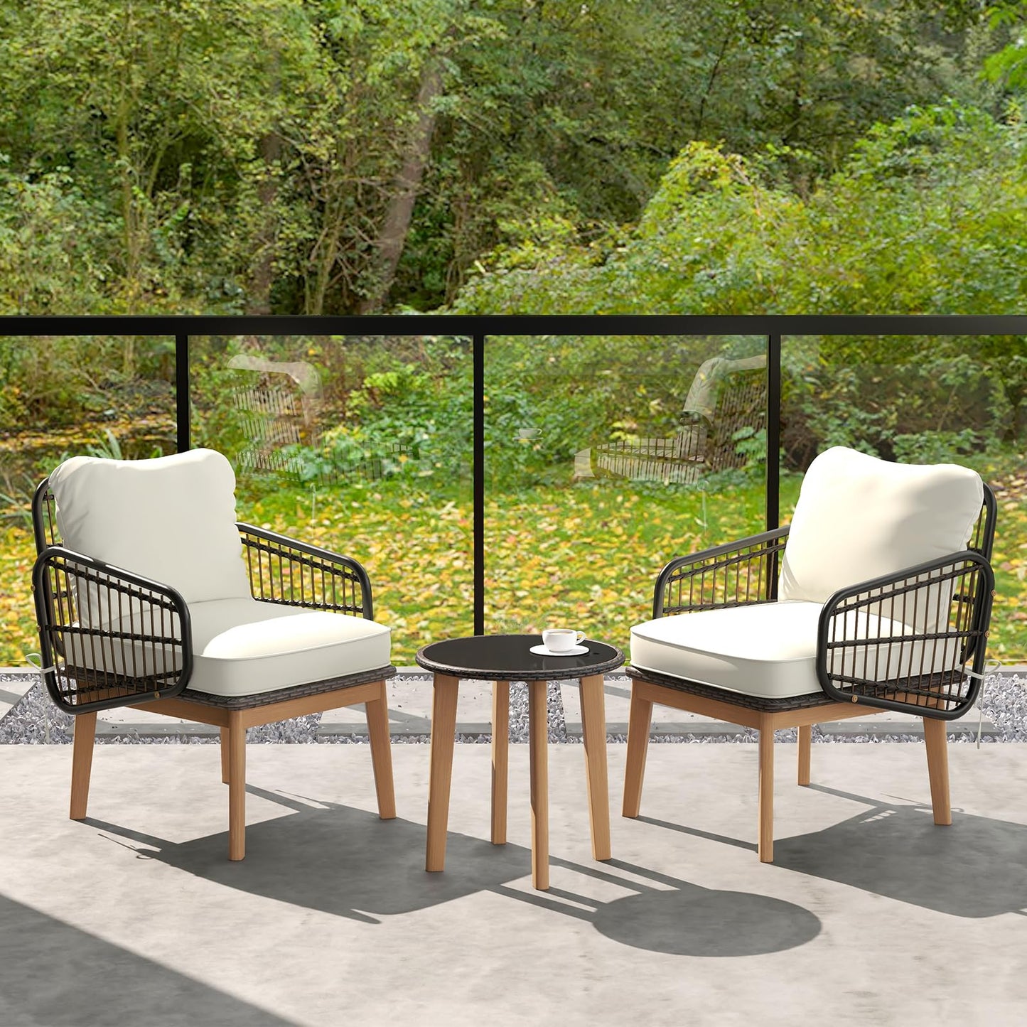 Tangkula 3 Piece Patio Chair Set, Wicker Chair & Side Table Set with Soft Cushions & Tempered Glass Tabletop