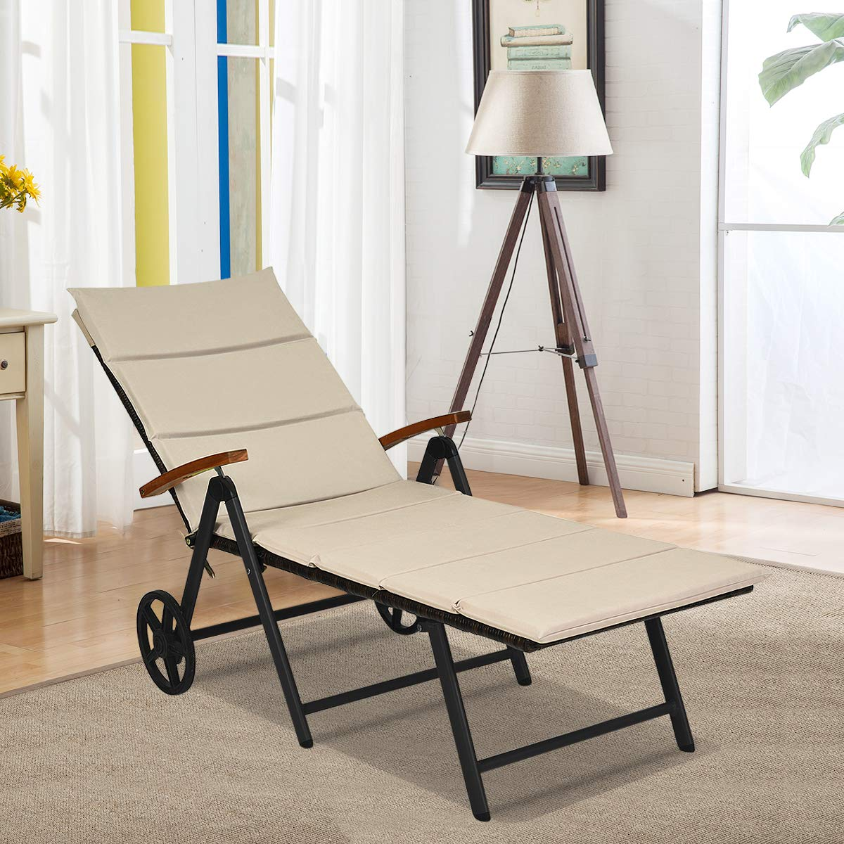 Tangkula Foldable Outdoor Chaise Lounger, Wicker Lounger Chair with Aluminum Black Frame, Wheels for Easy Moving