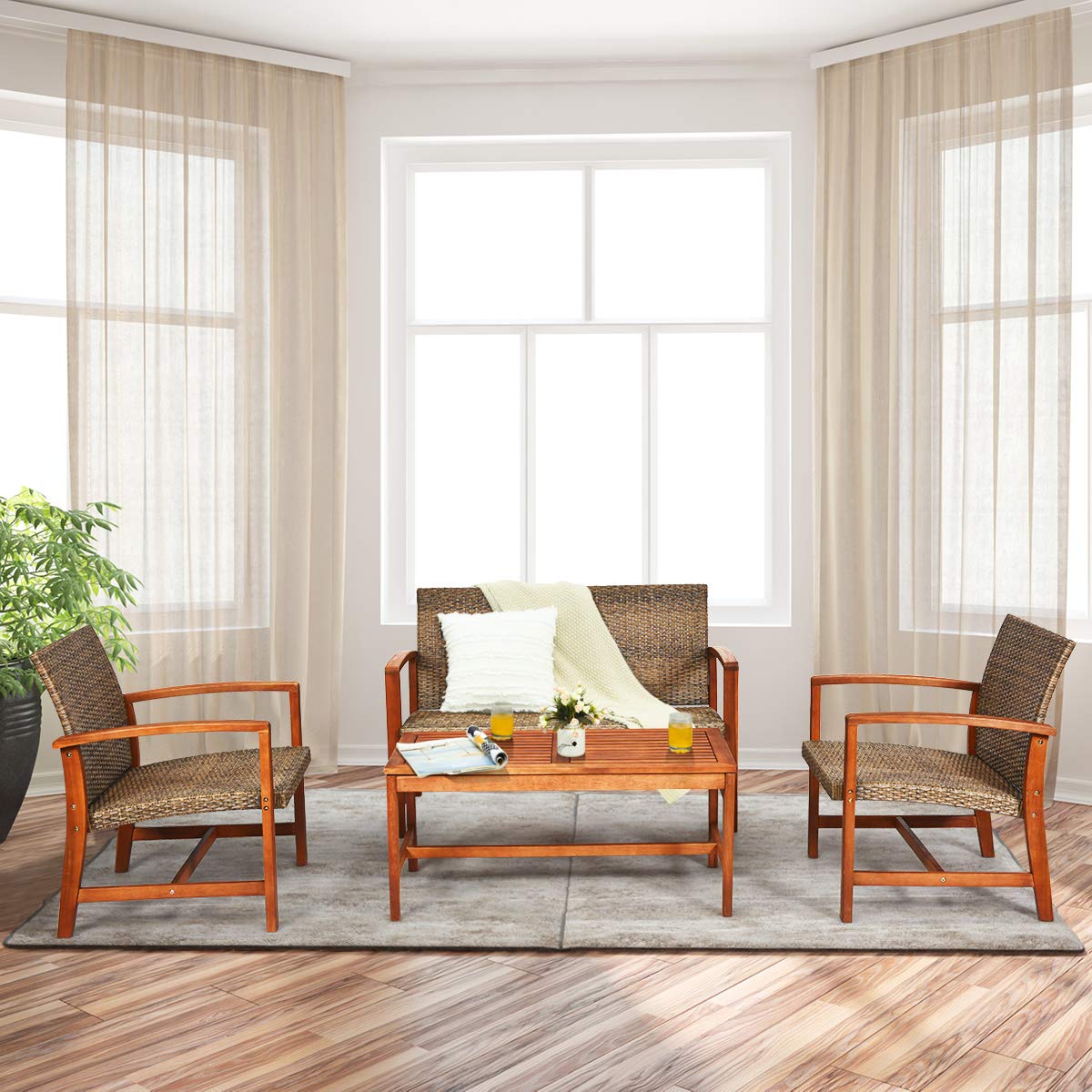 Tangkula 4 PCS Patio Acacia Wood Rattan Conversation Set