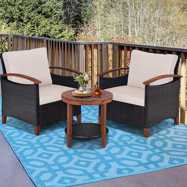 Ensemble de meubles de patio en rotin Tangkula 3 pièces, ensemble de canapés d'extérieur en osier avec coussin lavable et plateau de table en bois d'acacia