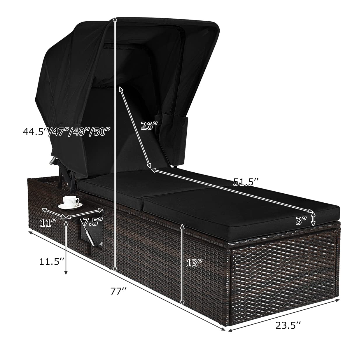Outdoor Chaise Lounge Chair with Folding Canopy, Adjustable Cushioned Reclining Chair with Flip-up Tea Table