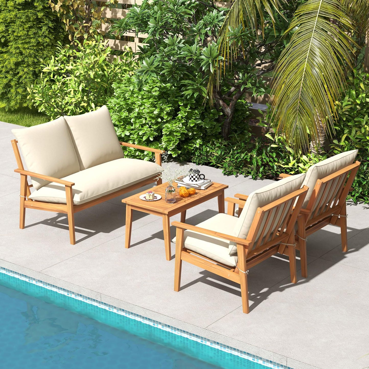 Tangkula 4 Pieces Patio Furniture Set Outdoor Acacia Wood Conversation Set