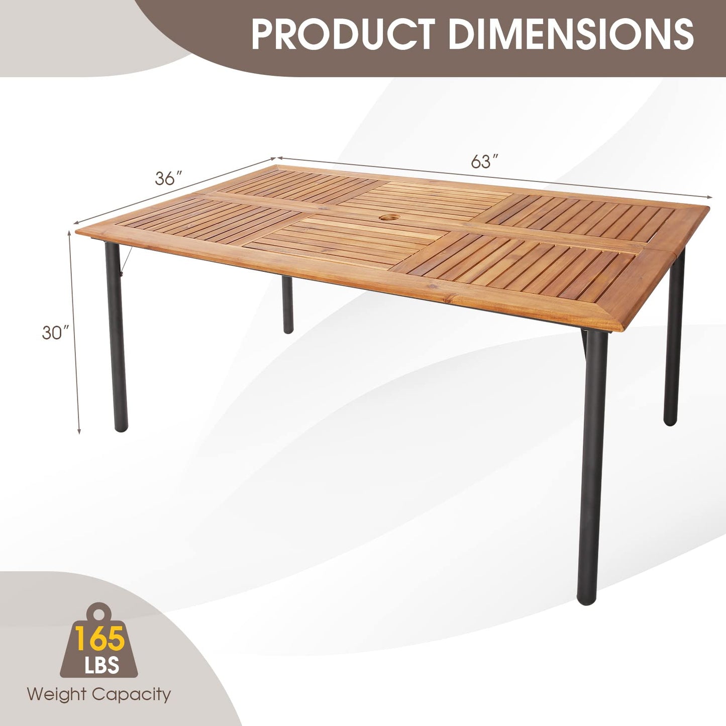Tangkula Patio Acacia Wood Dining Table for 6 Persons, Large Rectangular Dining Table with Metal Legs