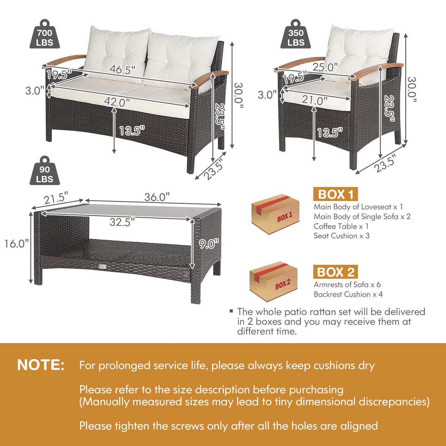4 Piece Patio Rattan Conversation Set, Outdoor Wicker Sofa Set W/2-Layer Coffee Table