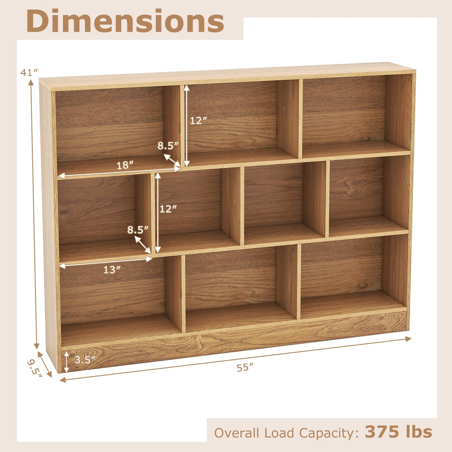 Tangkula 10-Cube Bookshelf, 55”L Floor Bookcase with 2 Anti-Tipping Kits