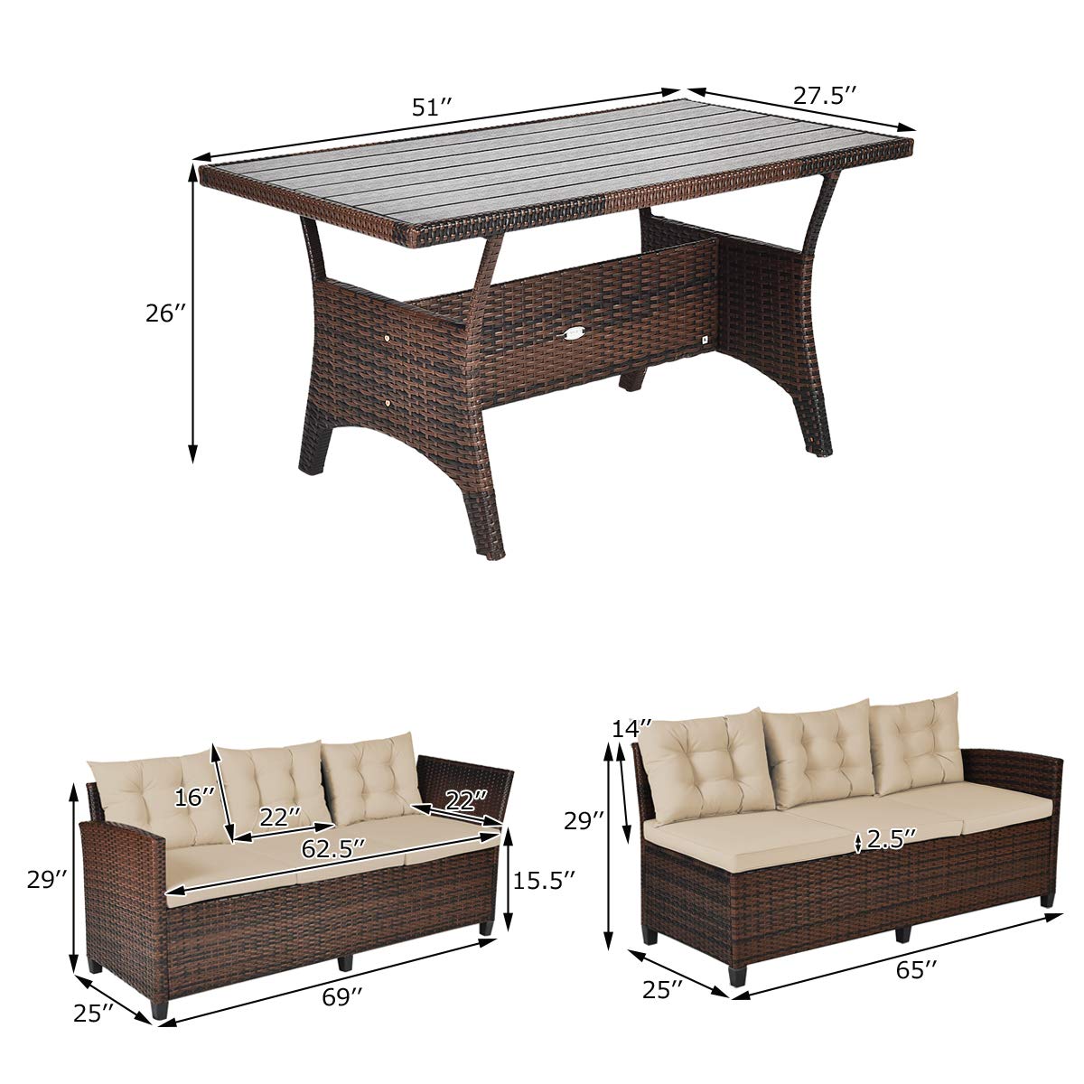 Tangkula Patio Furniture Set with 6 Cushioned Seat & Coffee Table
