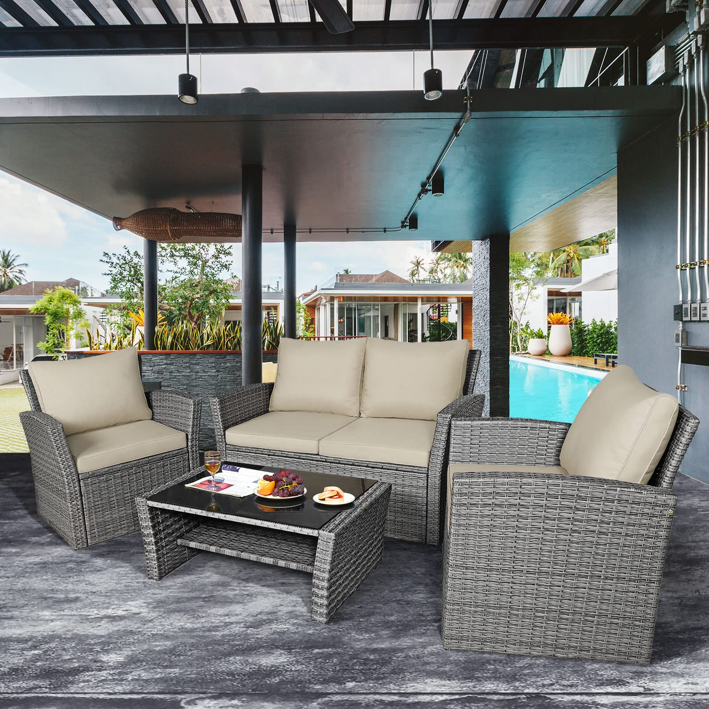 Tangkula 4 Pieces Patio Furniture Set, Outdoor Conversation Set with Cushions and Coffee Table
