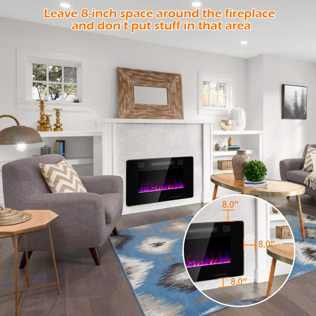 Tangkula 30 Inches Recessed Electric Fireplace, in-Wall & Wall Mounted Electric Heater