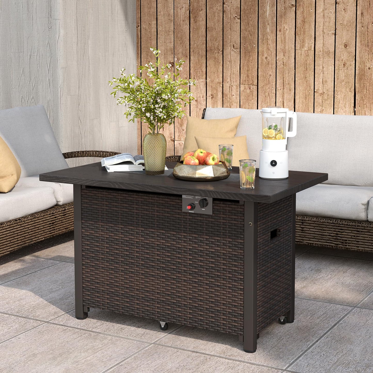 Tangkula Outdoor Propane Fire Pit Table, 42 Inch Rectangular Rattan Fire Table with Wind Guard & Glass Rocks