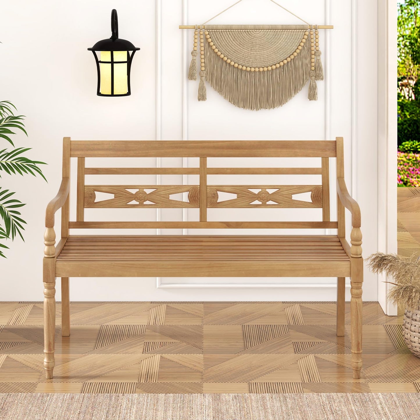 Tangkula Outdoor Bench, 2-Person Garden Bench with Wide Backrest and Curved Armrests