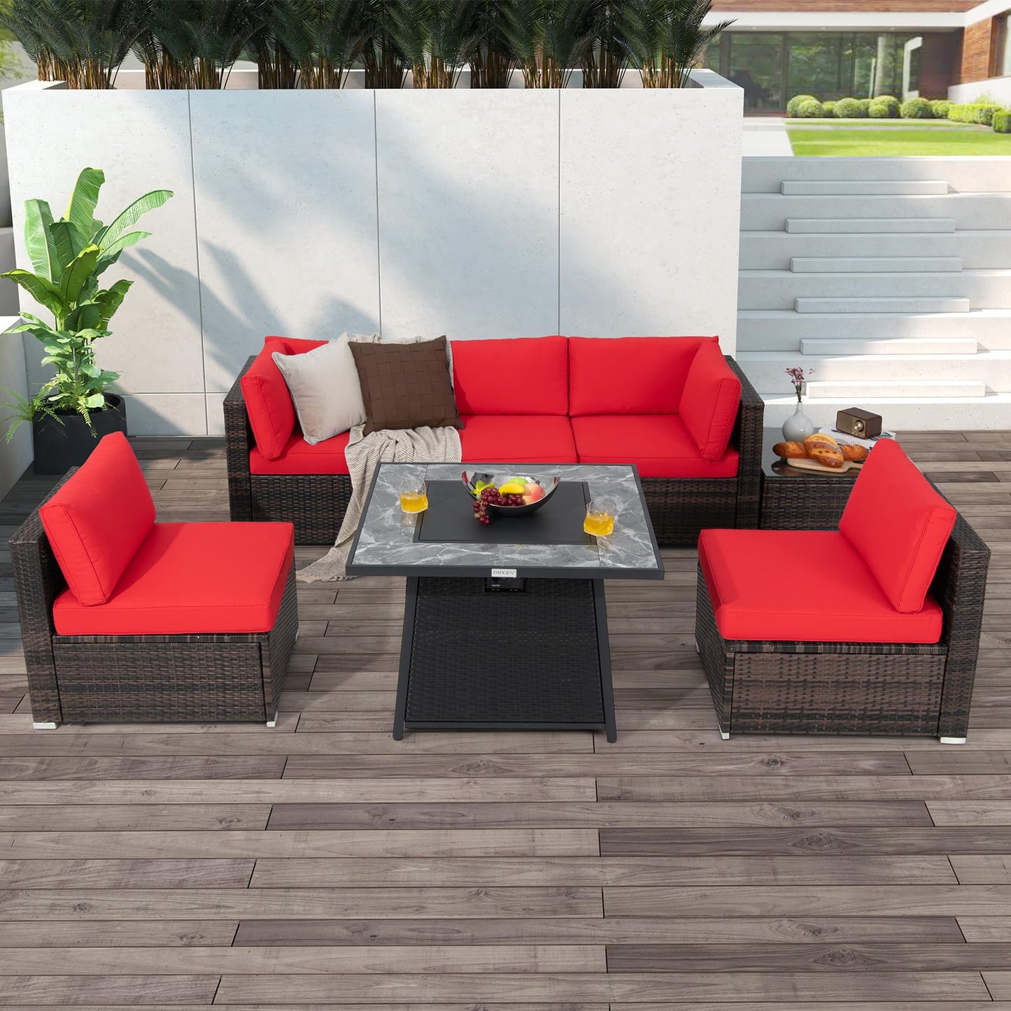Tangkula 7 Pieces Patio Furniture Set with 35” 50000 BTU Propane Gas Fire Pit Table & Waterproof Cover for Firpit
