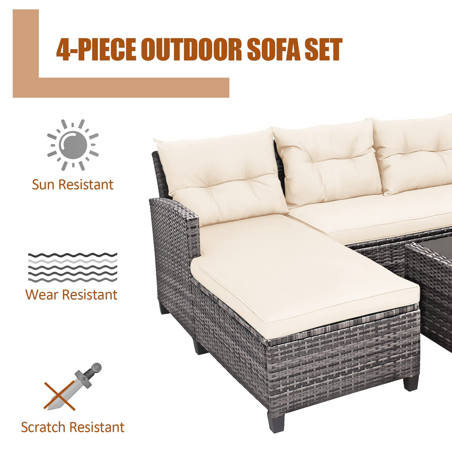 Tangkula 4 Pieces Rattan Conversation Set, Patiojoy Outdoor Furniture Set with Cushions, Lounge Sofa Set with Coffee Table
