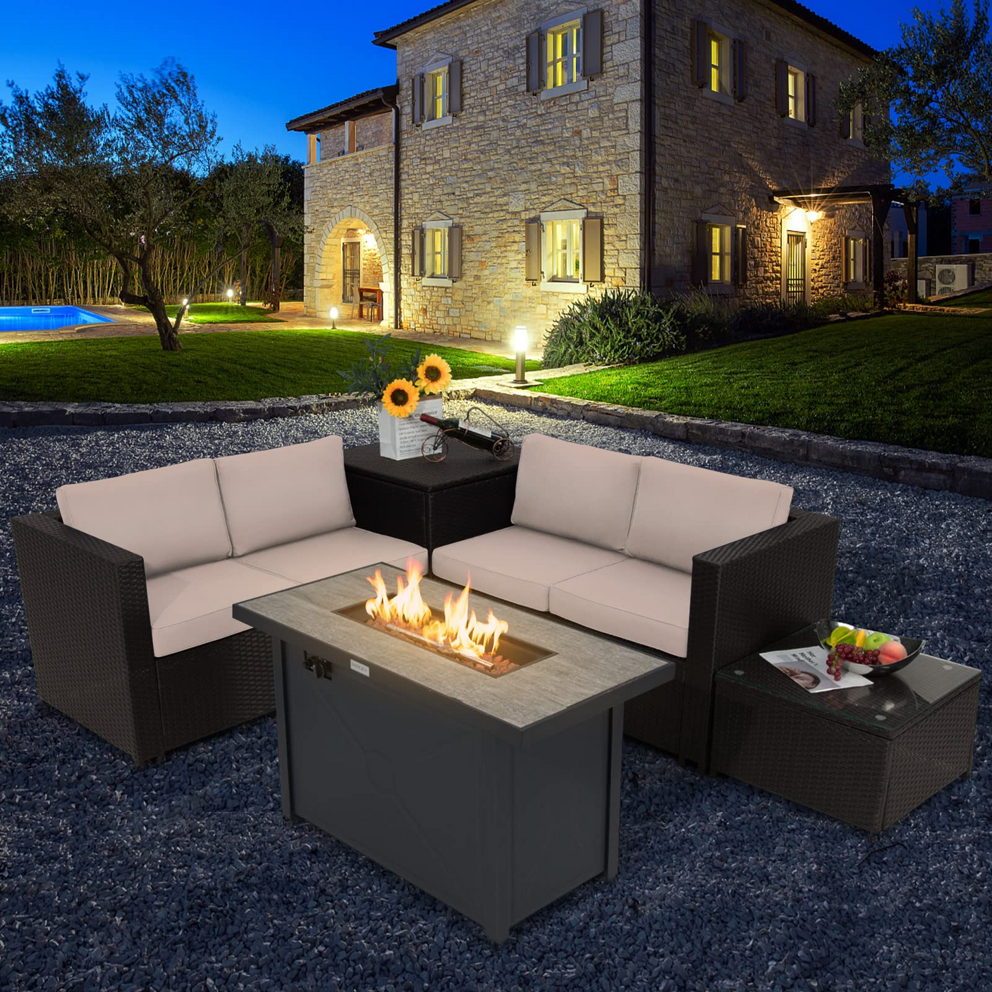Tangkula 5-Piece Patio Furniture Set with 42 Inches Propane Fire Pit Table, Outdoor Wicker Conversation Set with Cushions
