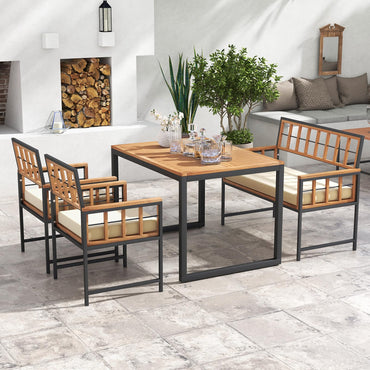 Ensemble de salle à manger Tangkula 4 pièces pour patio, mobilier de jardin en bois avec 2 chaises et 1 causeuse, table en bois d'acacia de 120 cm avec trou pour parasol