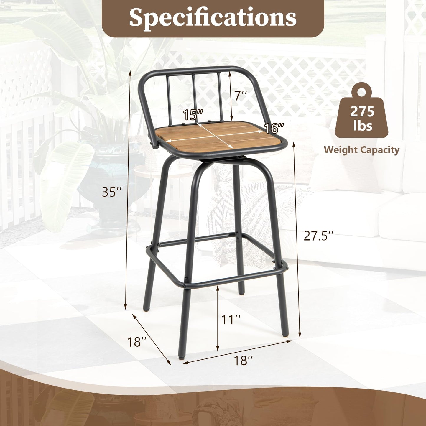 Tangkula 360° Swivel Bar Stool Set of 2