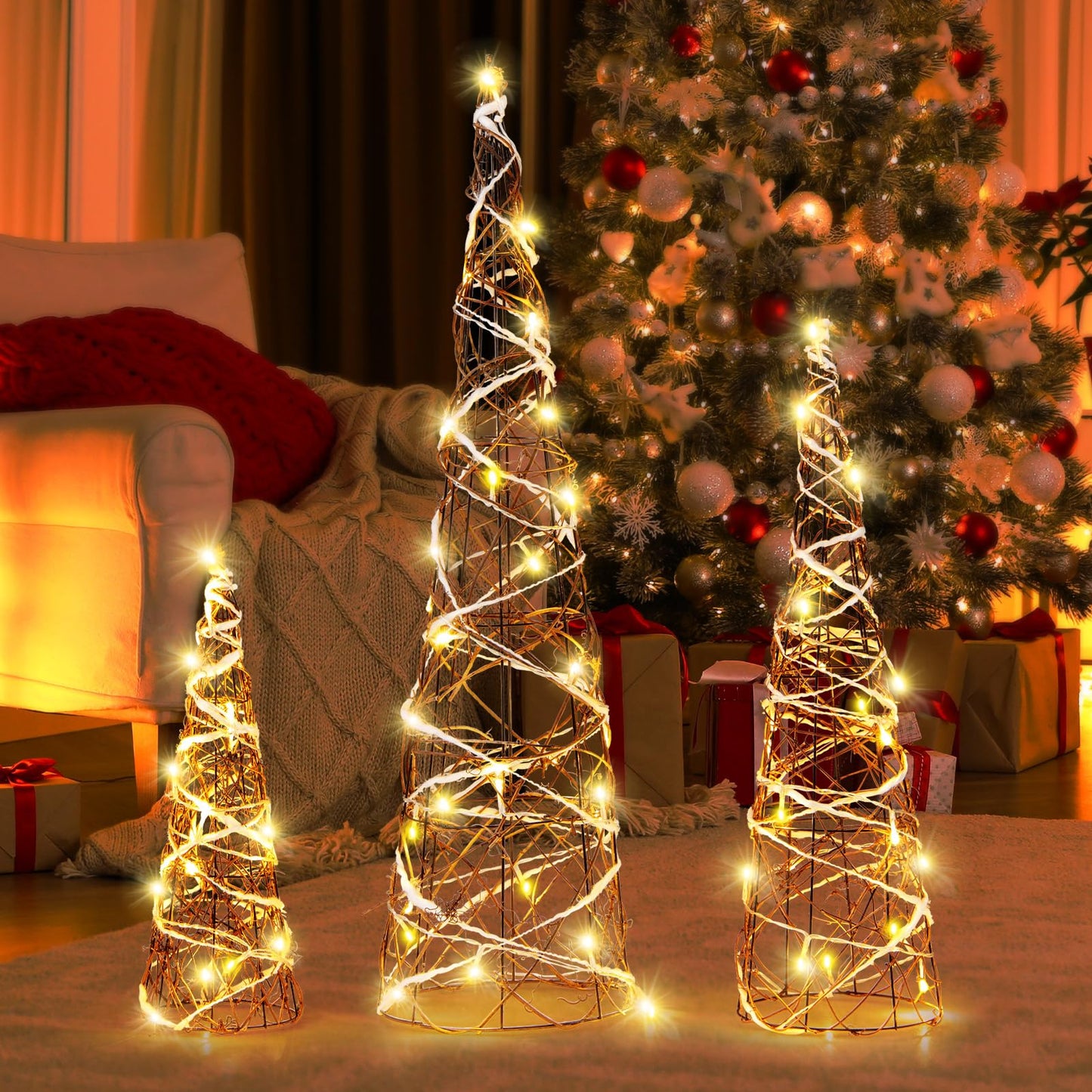 Tangkula Set of 3 Lighted Christmas Rattan Cone Trees, Holiday Decorative Trees with LED Lights and Metal Frame