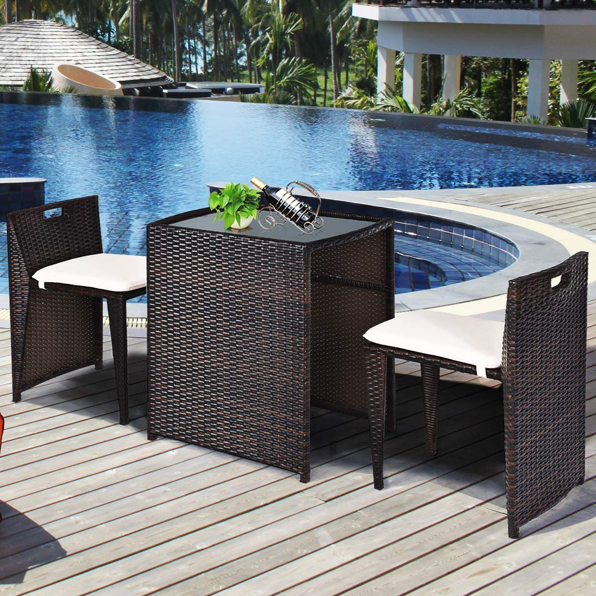 3 PCS Outdoor Rattan Dining Set - Tangkula
