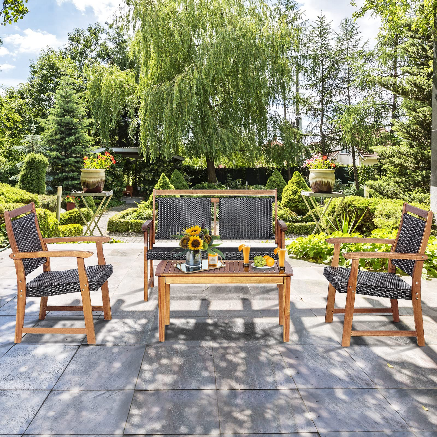 Tangkula 4 Pieces Patio Rattan Conversation Set with Acacia Wood Frame, Patiojoy Outdoor Furniture Set with Chairs & Coffee Table