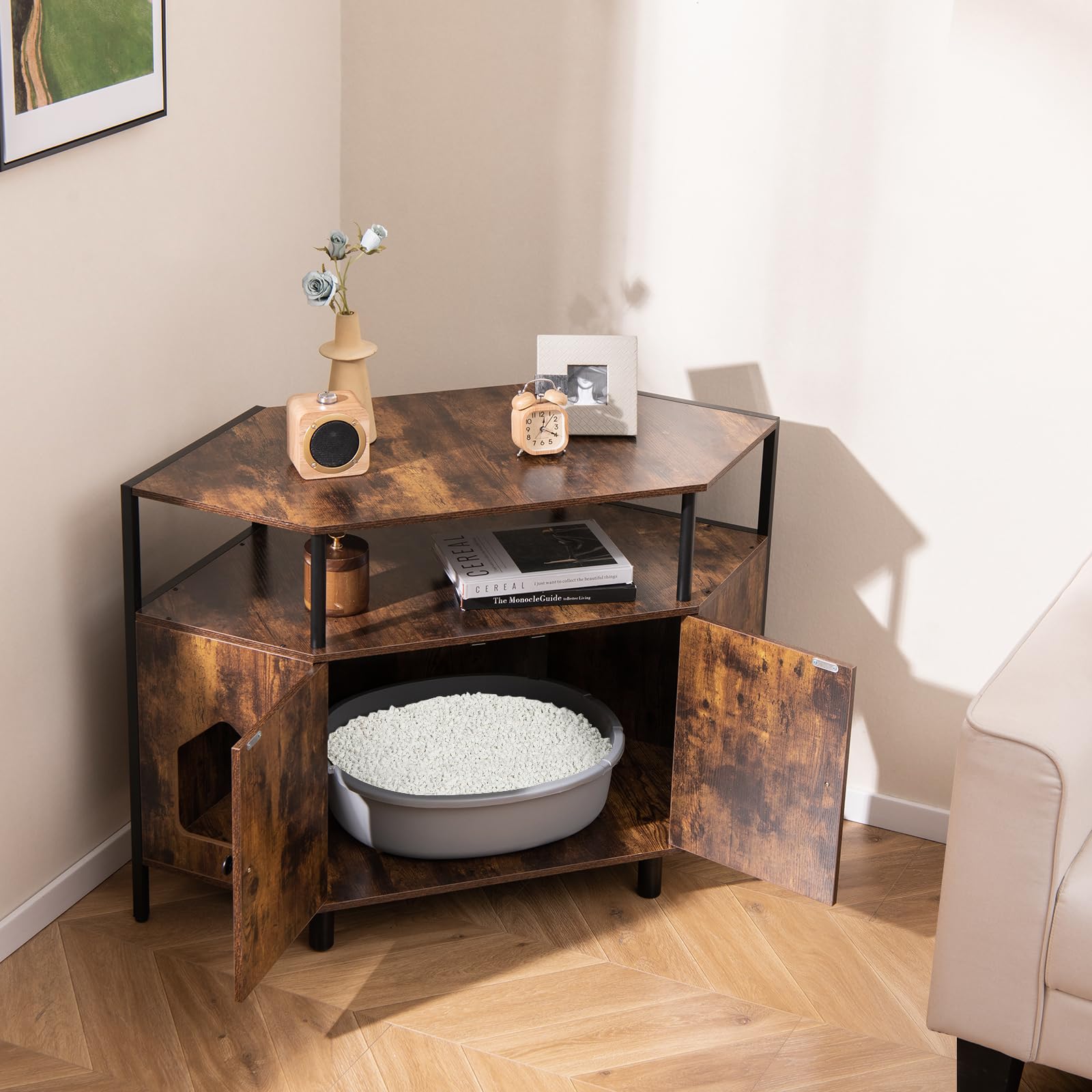 Tangkula Corner Cat Litter Box Enclosure, Decorative Pet Cabinet Furniture with Open Shelf, 2 Entrances