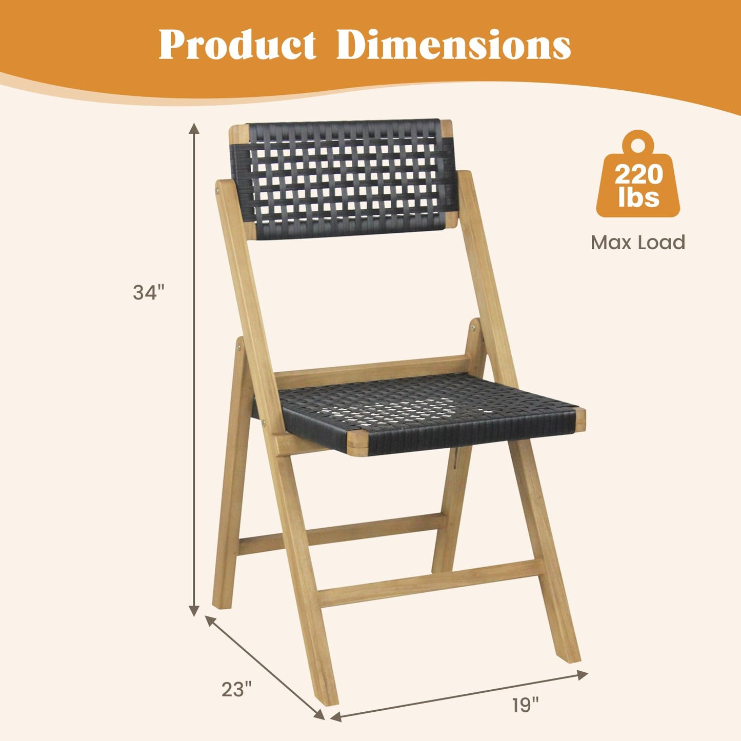 Tangkula Set of 2 Patio Folding Chairs, Solid Teak Wood Dining Chairs with Woven Rope Seat & Back