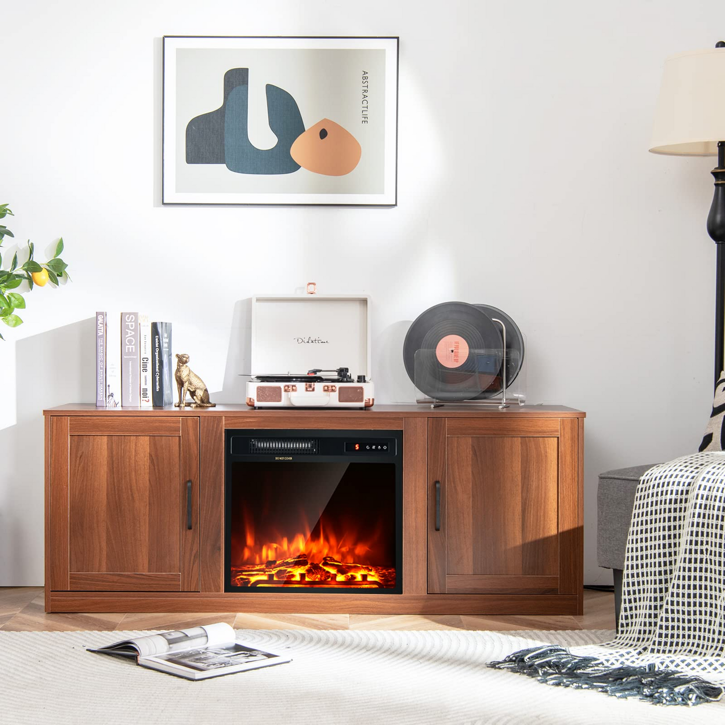 Tangkula Electric Fireplace TV Stand for TVs up to 65 Inch,with 18 Inch 1500W Faux Fireplace,Built-in Thermostat