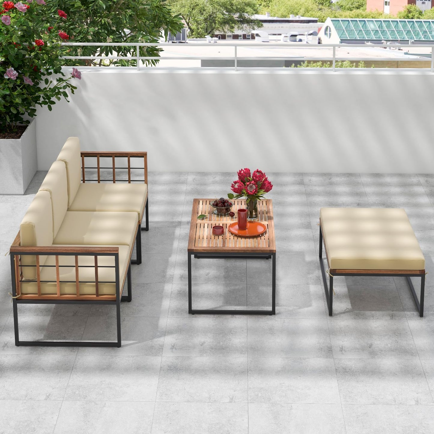 Tangkula 5 Piece Patio Furniture Set, Acacia Wood Sectional Set with Heavy-Duty Metal Frame, Comfy Seat & Back Cushions