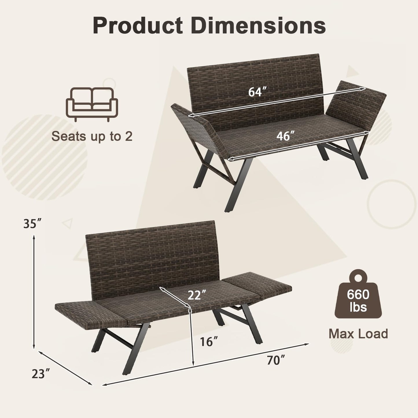 Tangkula Patio Convertible Sofa for 2