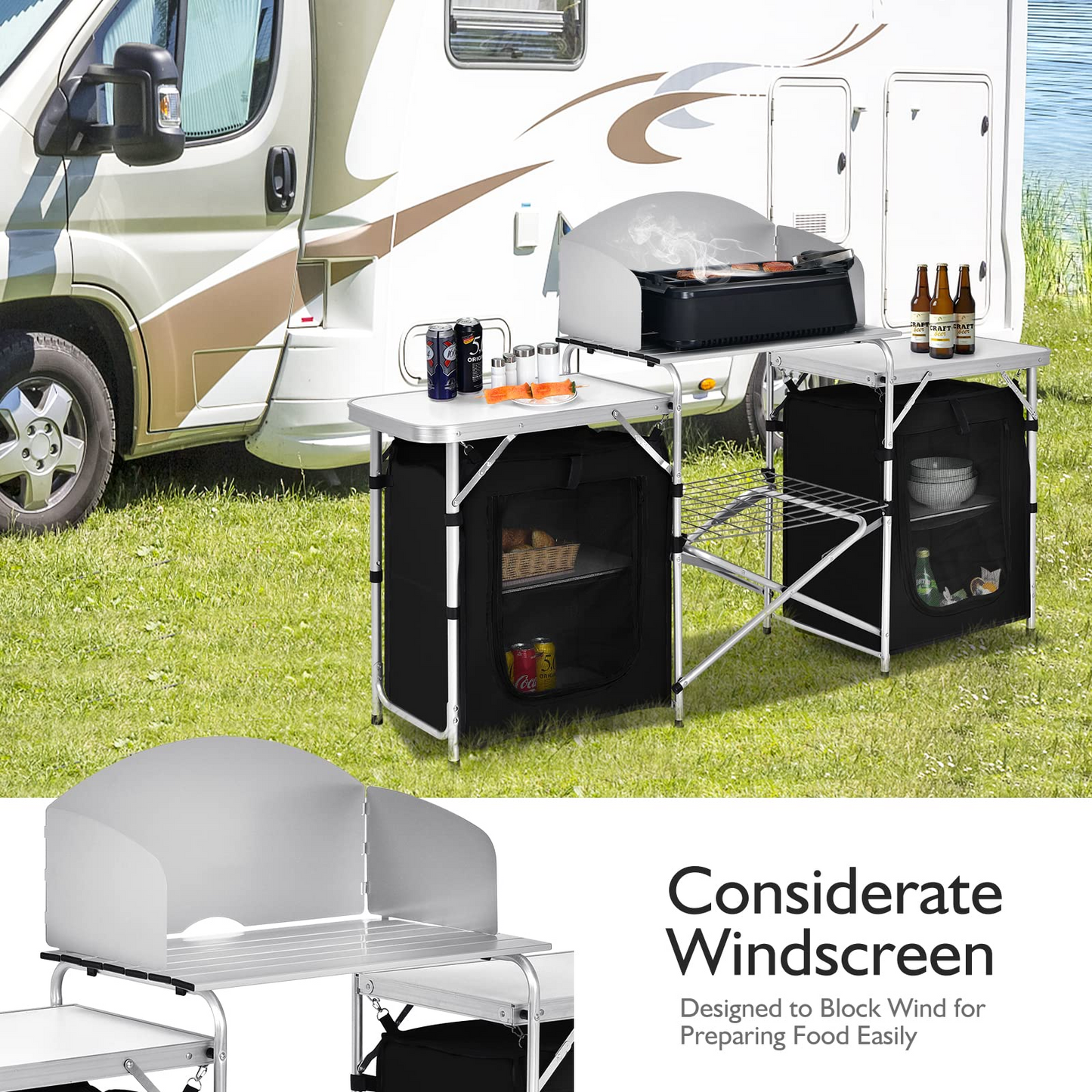 Tangkula Folding Camping Table, 2-Tier Aluminum Camping Kitchen Table