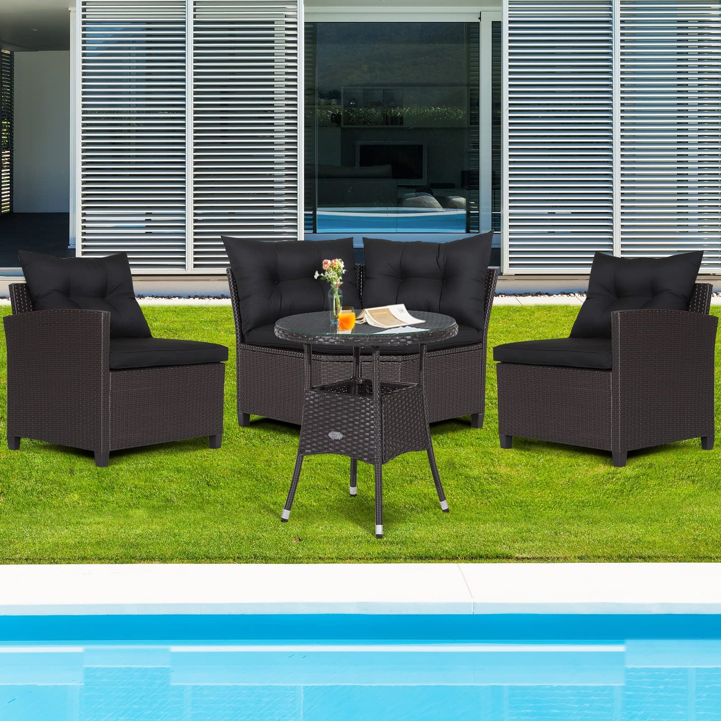 Tangkula 4 Piece Outdoor Sofa Set, Patio Rattan Corner Chair Set W/Round Side Table
