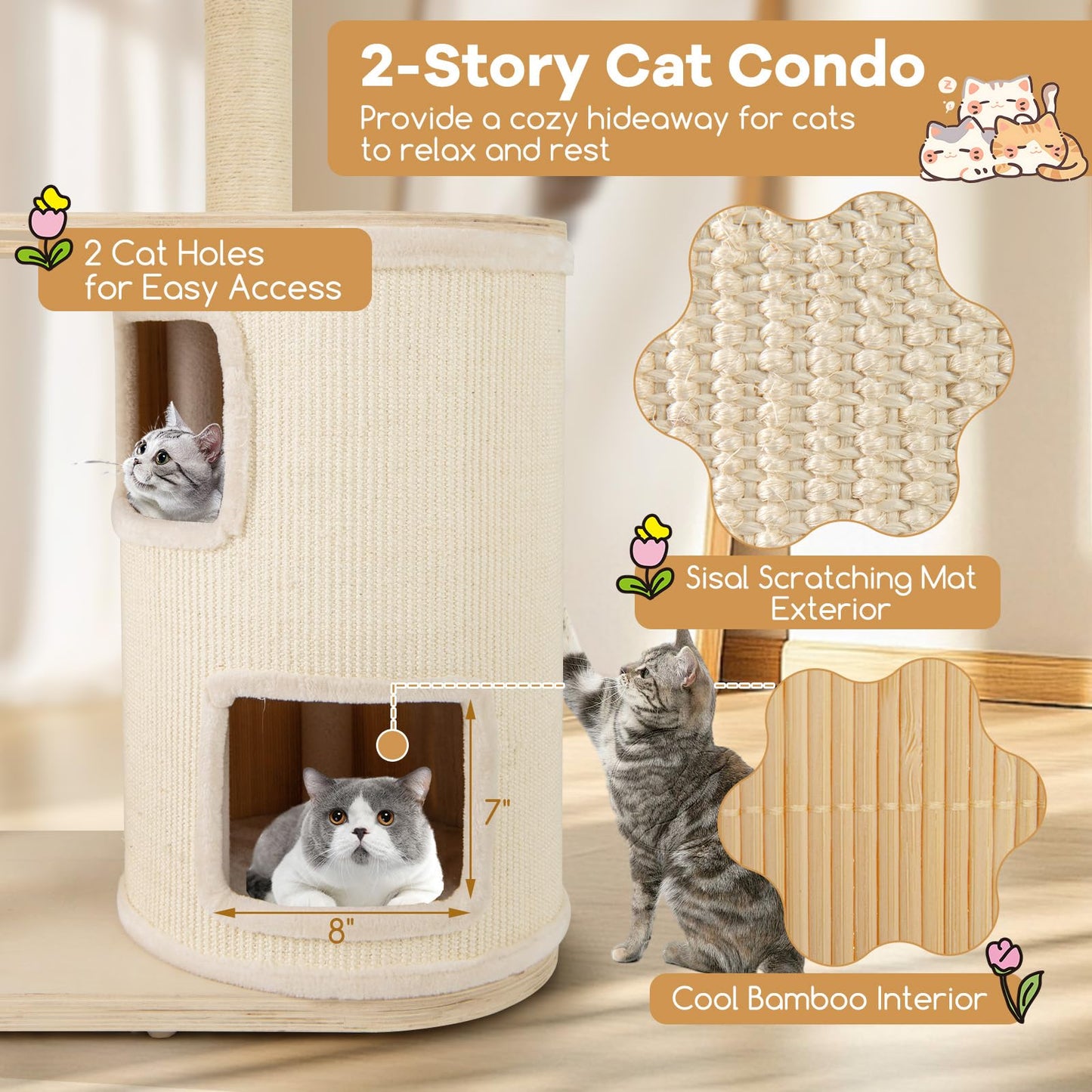 Tangkula 60 Inch Multi Level Modern Wooden Cat Tower with 2 Story Condo