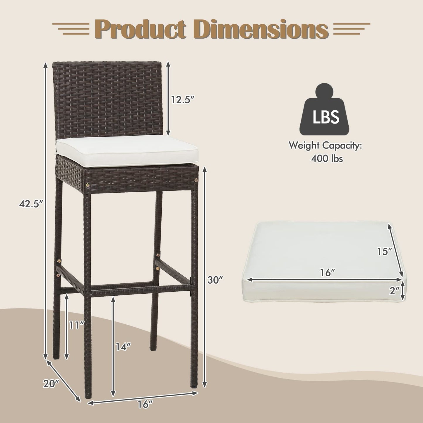 Tangkula Set of 2 Patio Wicker Barstools, Outdoor Bar Height Chair