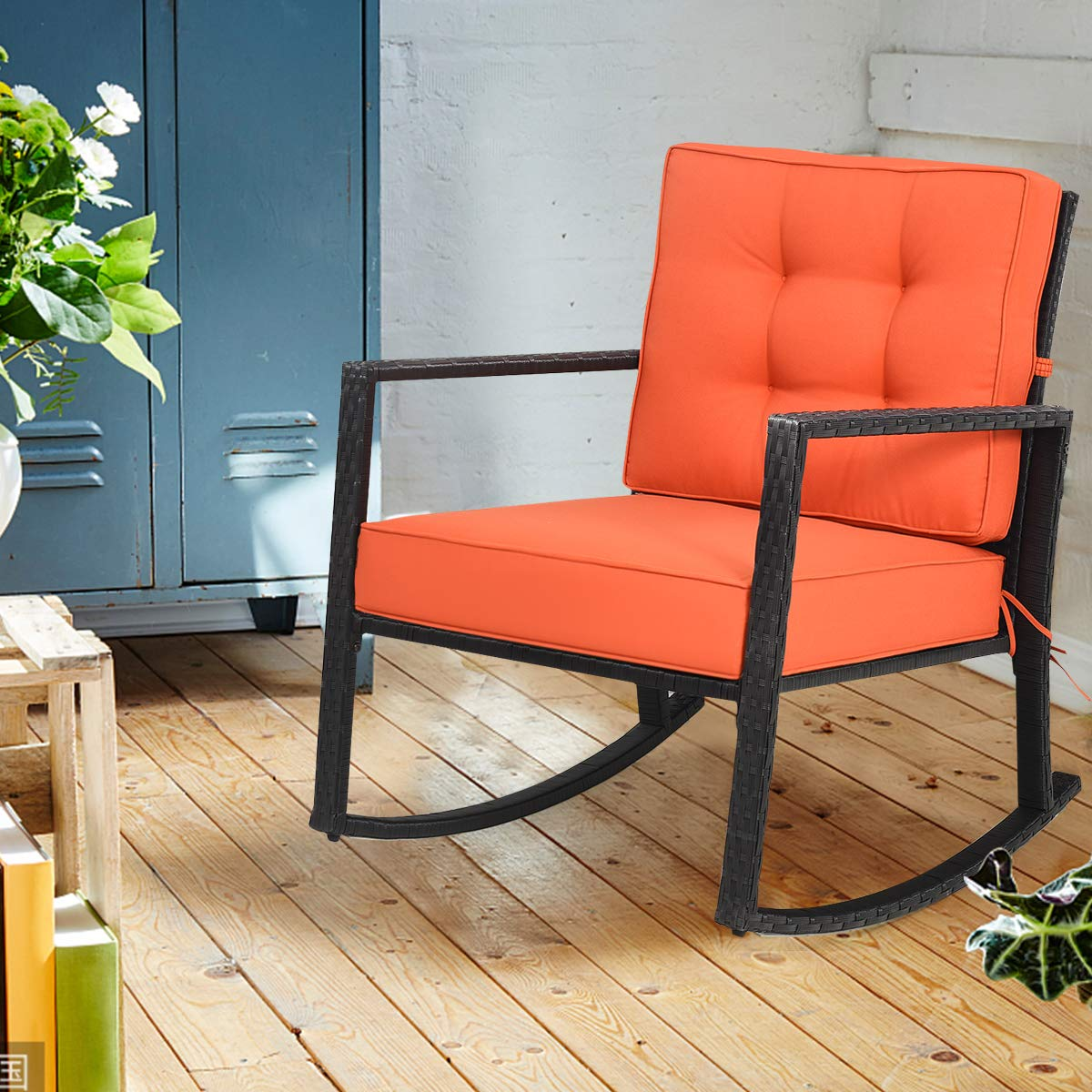 Tangkula Wicker Rocking Chair, Outdoor Glider Rattan Rocker Chair with Heavy-Duty Steel Frame
