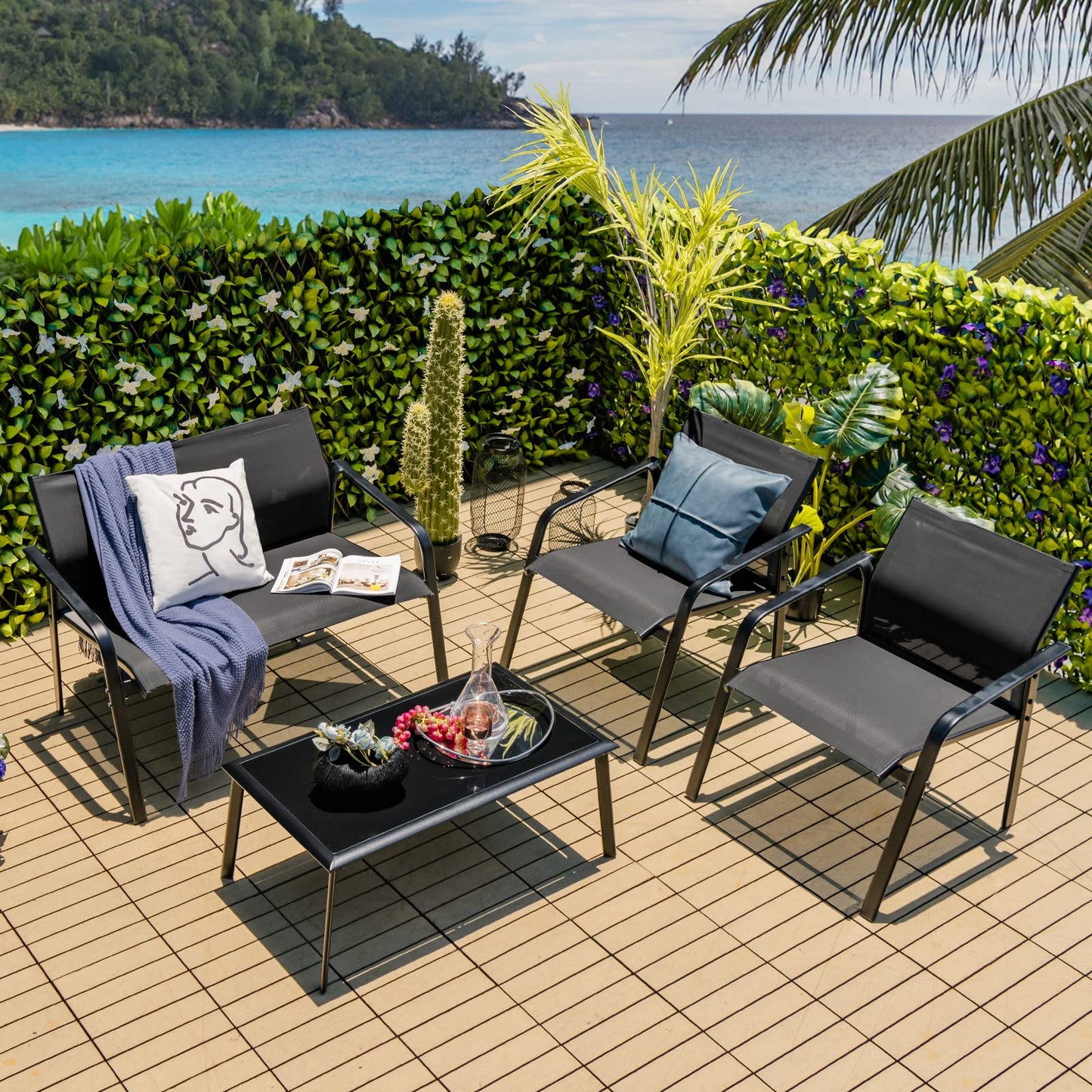 Tangkula 4 Pieces Patio Furniture Set, Outdoor Conversation Set with Tempered Glass Coffee Table