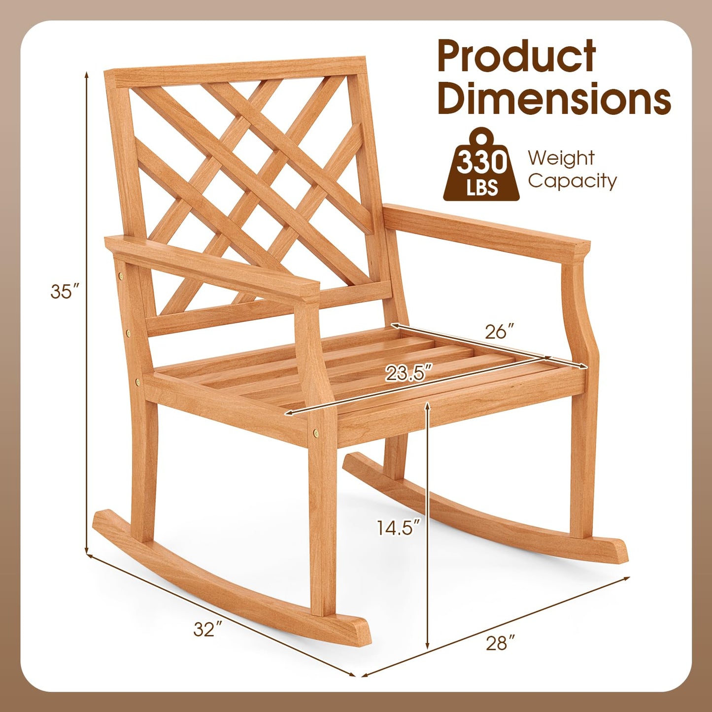 Tangkula Teak Wood Rocking Chair, Oversized Porch Rocker with Backrest and Slatted Seat (1/2, 32 x 28 x 35 Inch)