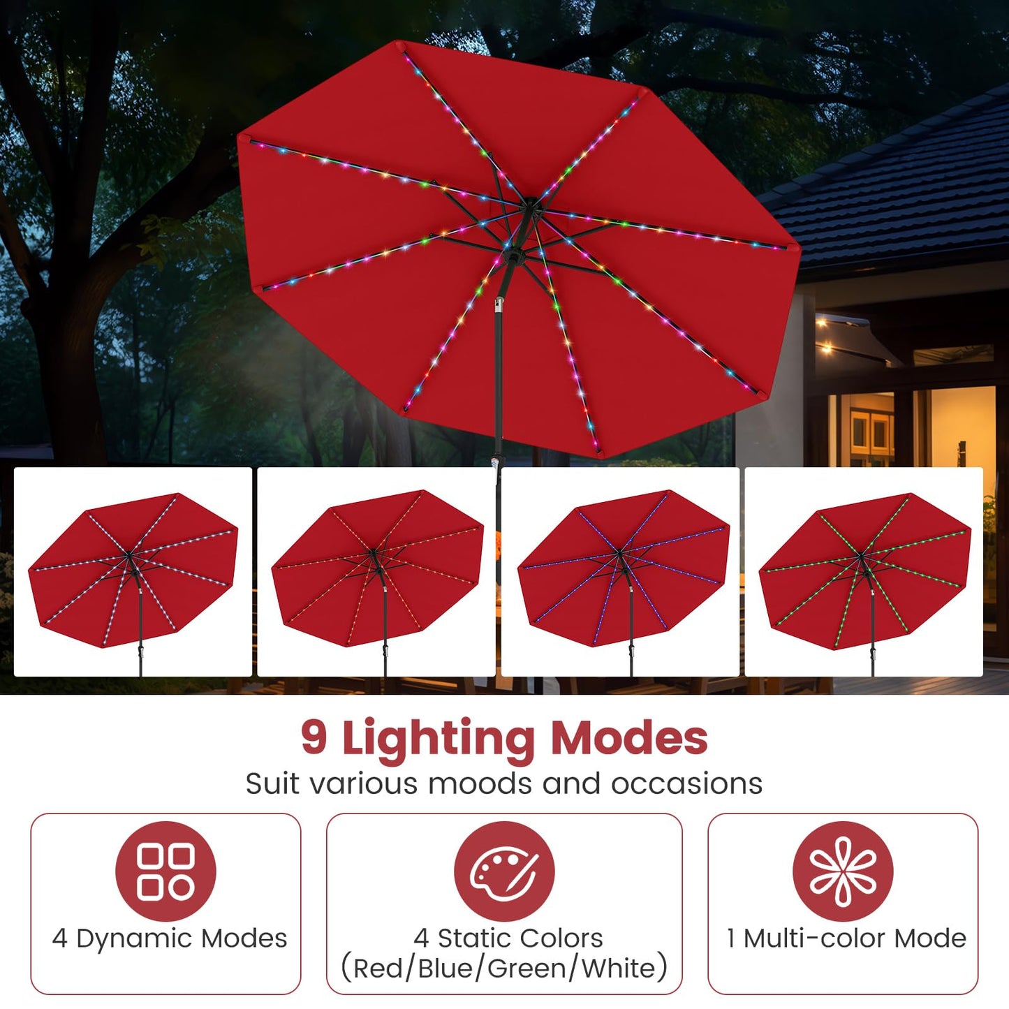 Tangkula 10 FT Solar Patio Umbrella with 96 Multi Colored Flowing LED Lights