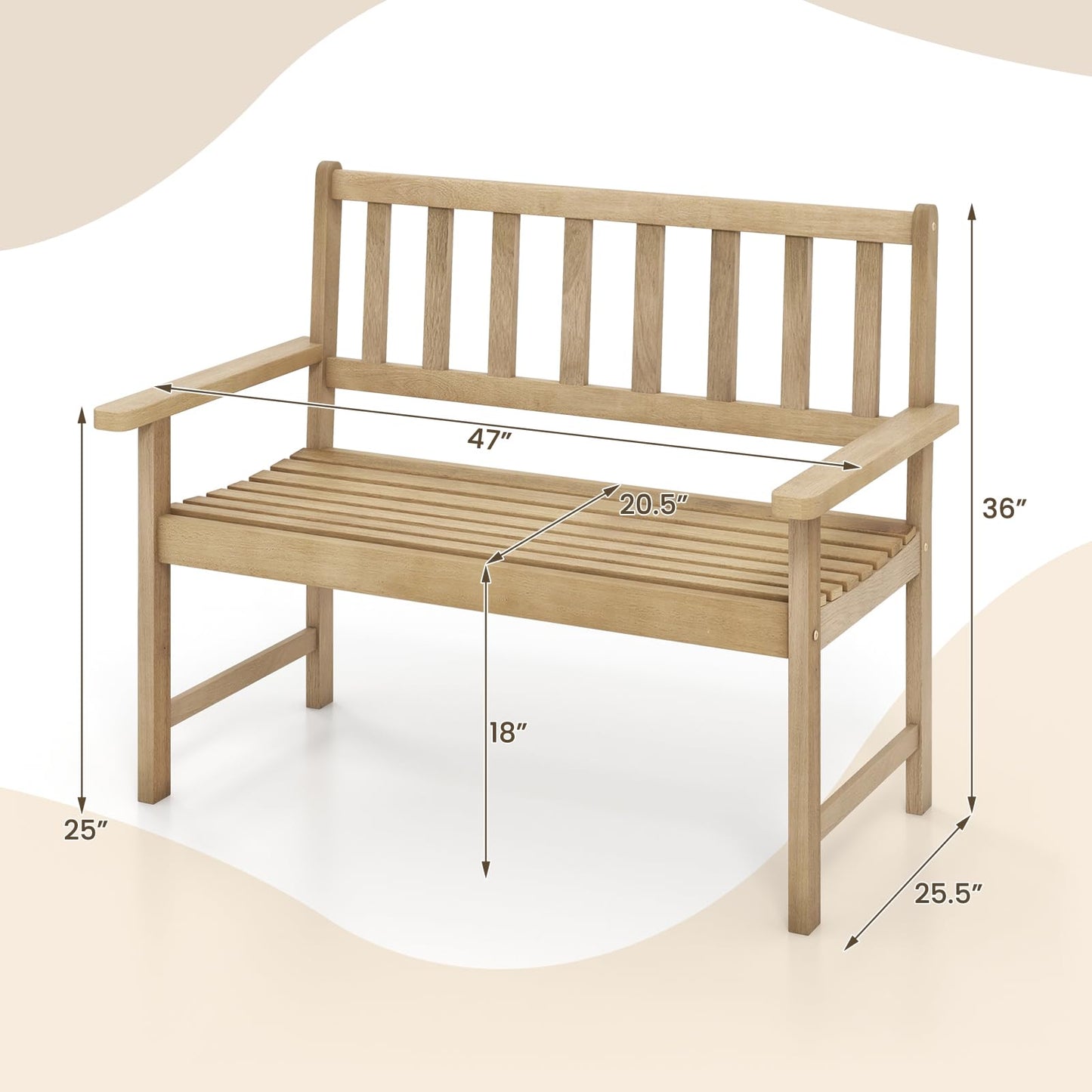 Tangkula Outdoor Teak Wood Garden Bench, 2-Person Patio Bench with Backrest and Armrests