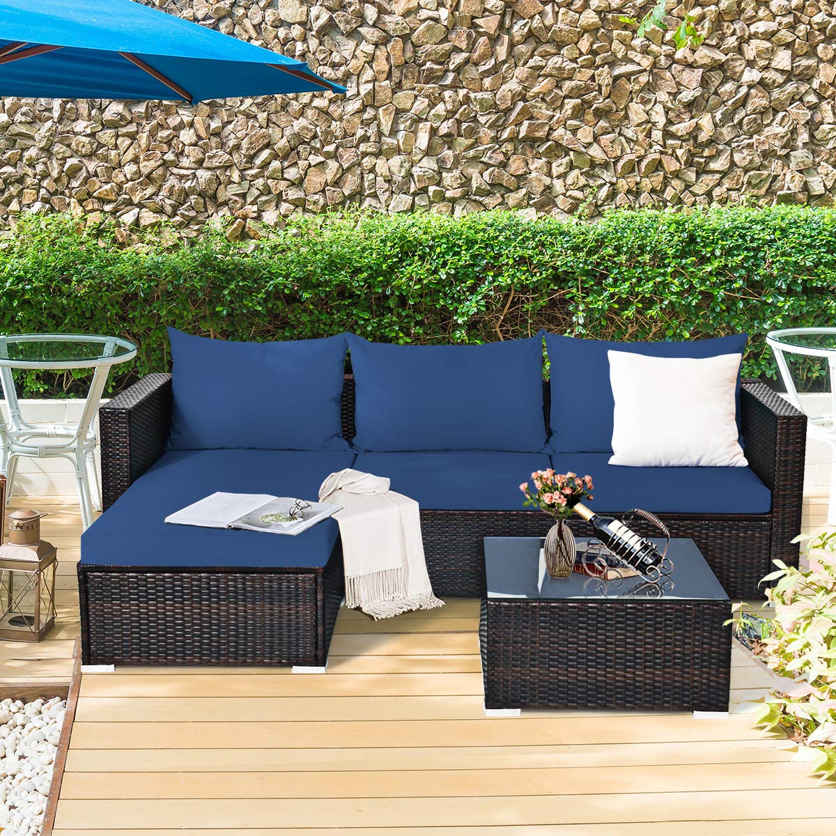 Tangkula 5 Piece Outdoor Patio Furniture Set with Glass Top Coffee Table