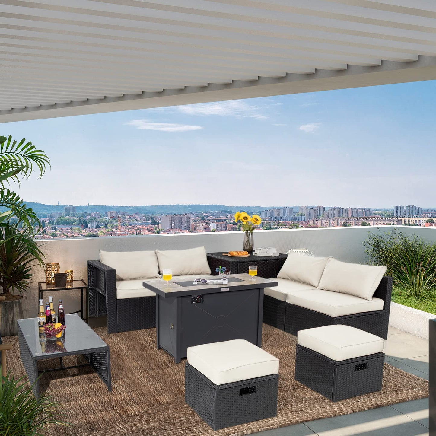Tangkula 9 Pieces Outdoor Wicker Sectional Sofa with 42" 60,000 BTU Gas Fire Pit Table