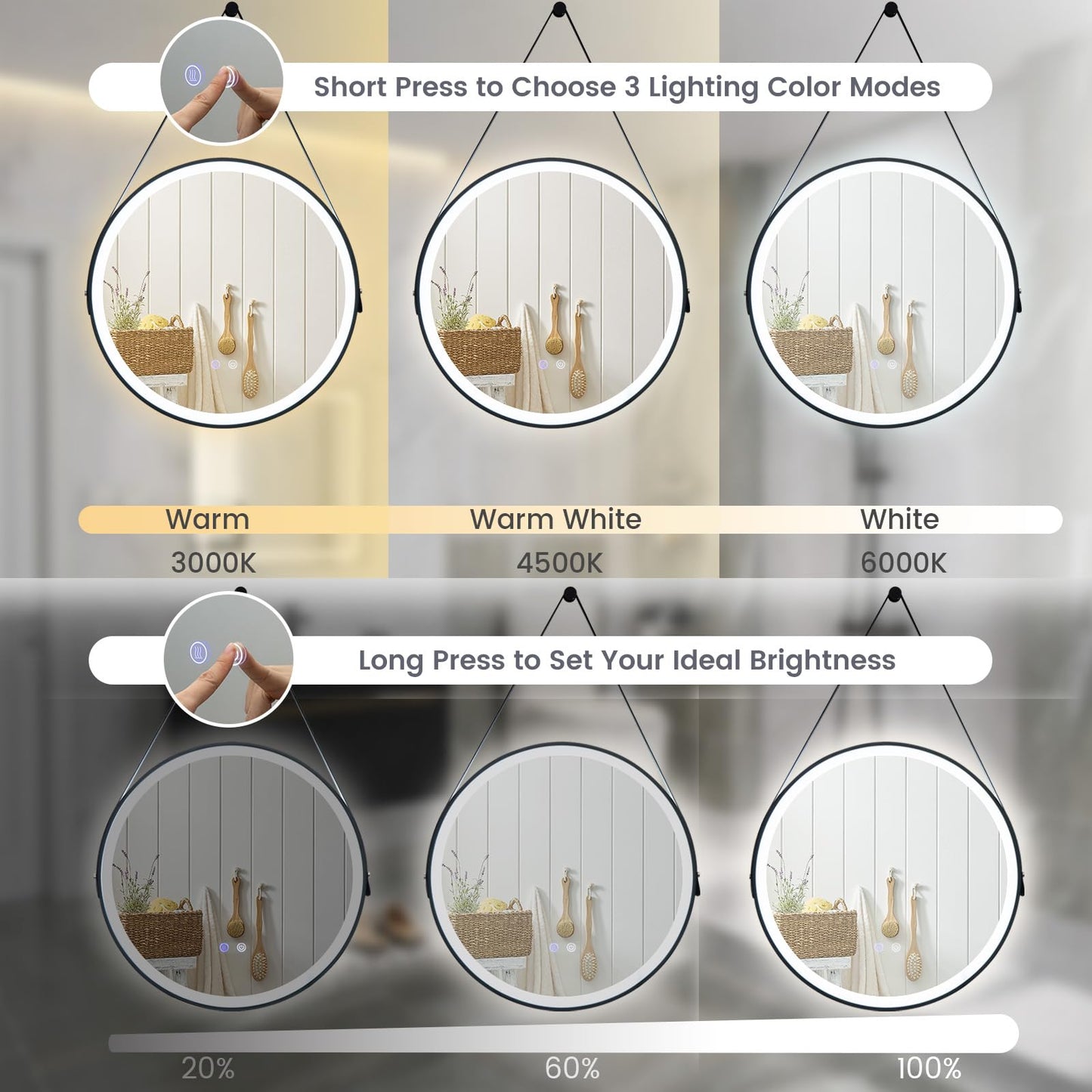 Tangkula 60CM Round LED Bathroom Mirror with Leather Strap