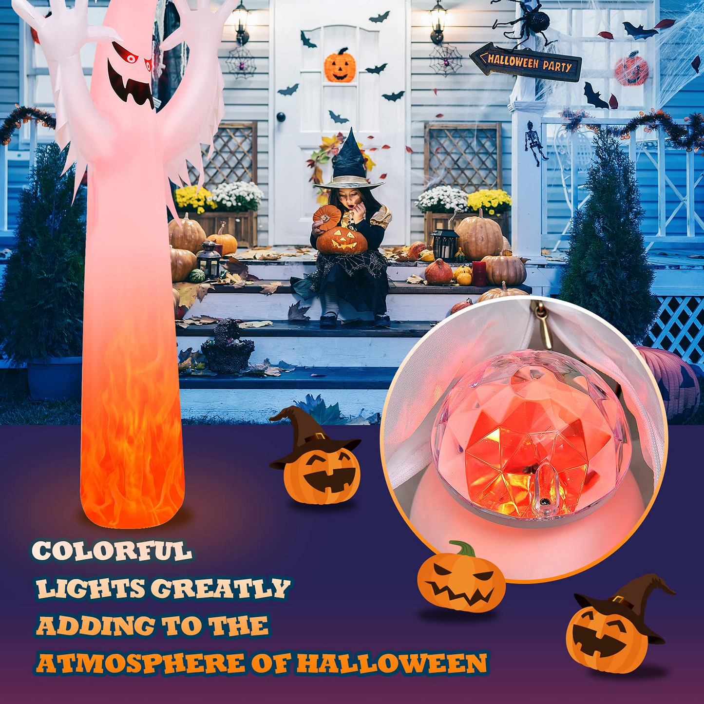 Tangkula 12 FT Halloween Inflatable Ghost W/ Rotating Flame LED Lights, Air Blower, Stake, Sandbag