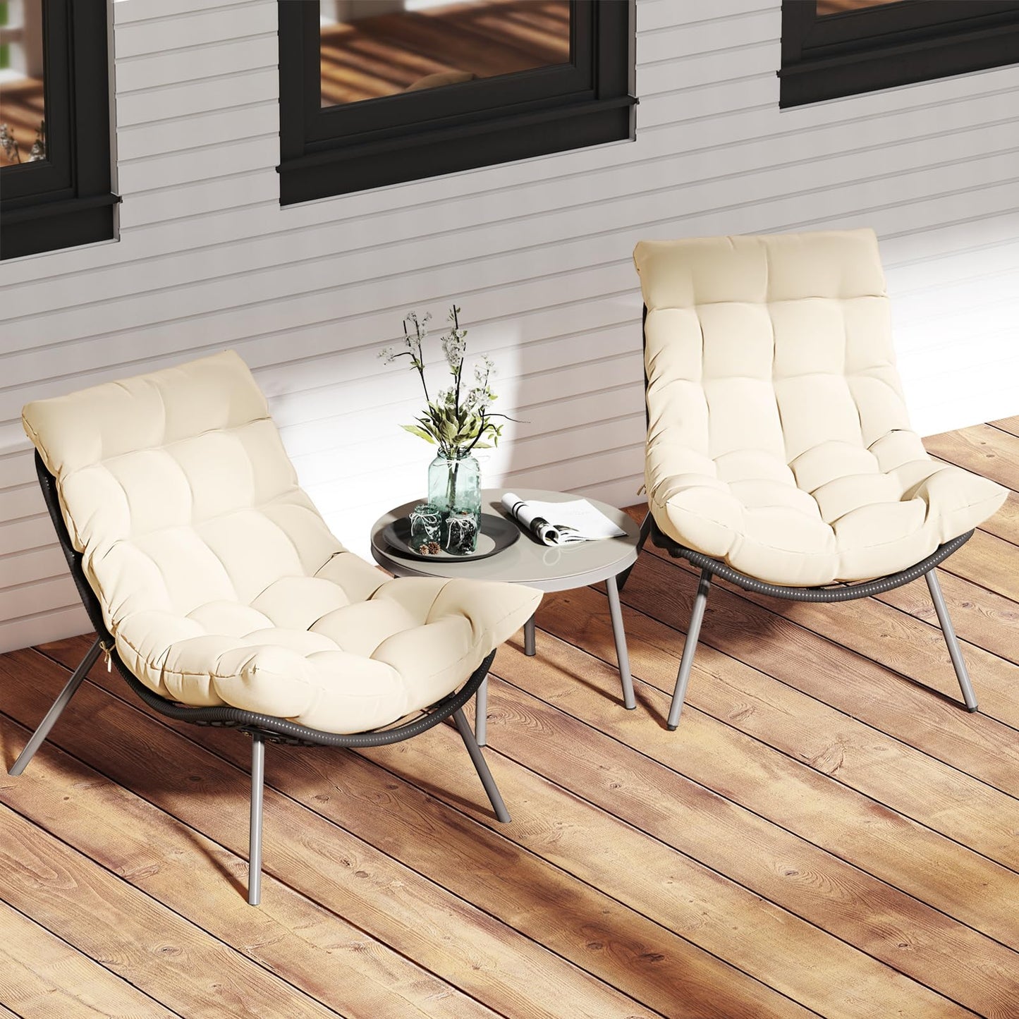 Tangkula 3 Pieces Patio Furniture Set with Cushioned Papasan Chairs and Tempered Glass Coffee Table for Porch