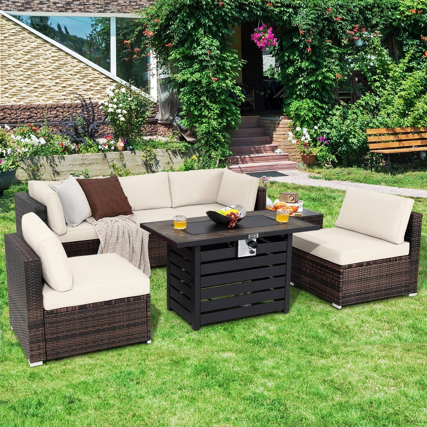 Tangkula 7 Piece Outdoor Patio Furniture Set with 42" Propane Fire Pit Table