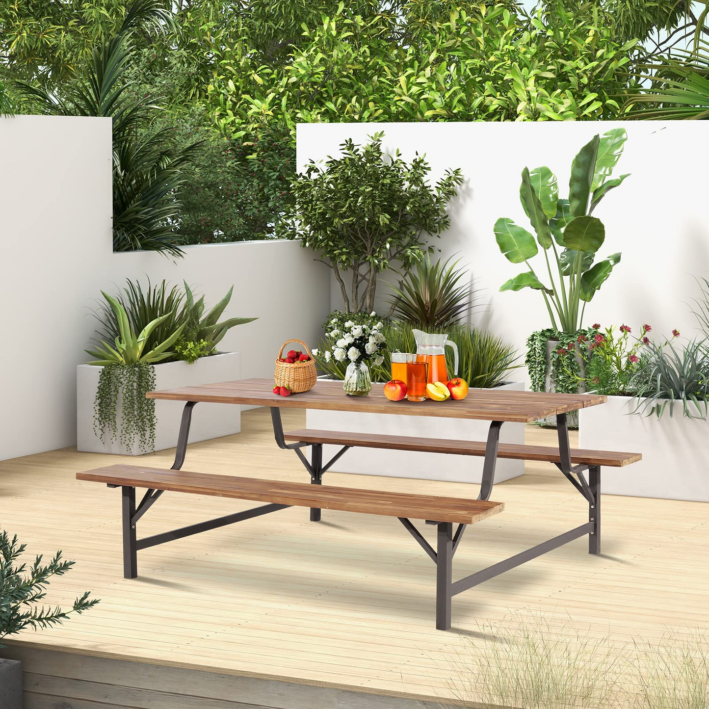 Tangkula Wood Picnic Table, Outdoor Acacia Wood Picnic Table Bench Set with 2 Built-in Benches