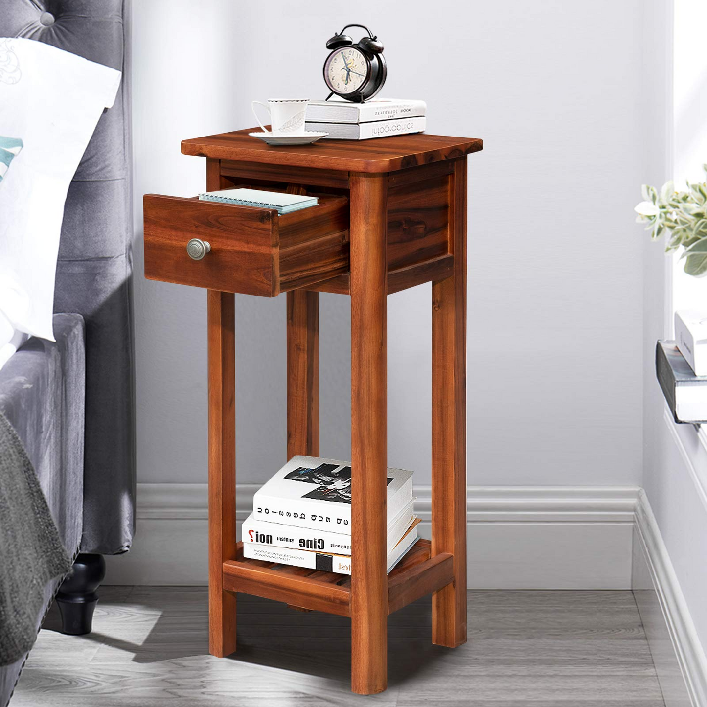 Tangkula Small Side Table for Small Spaces, Farmhouse Acacia Wood Slim End Table