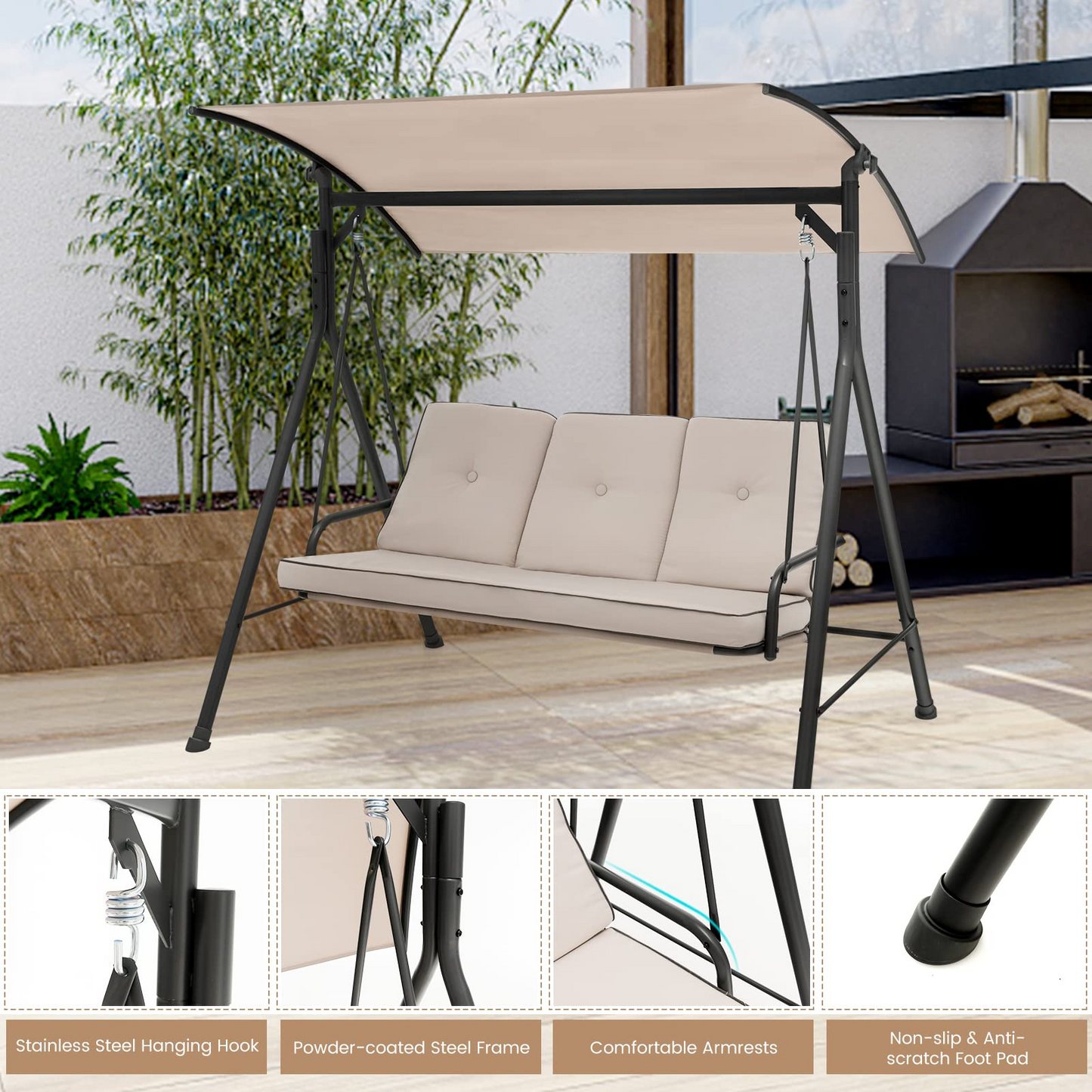 Tangkula 3 Person Porch Swing, Patio Swing with Adjustable Canopy