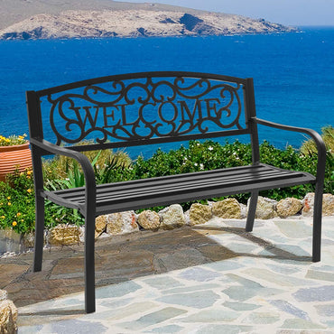 Outdoor Steel Garden Bench Park Bench, 50 Inch Patio Welcome Bench with Slated Seat & Floral Design Backrest